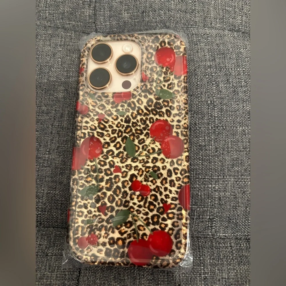 Leopard Print Cherry Phone Case with Black Beaded Strap cherry IPhone 16 Pro